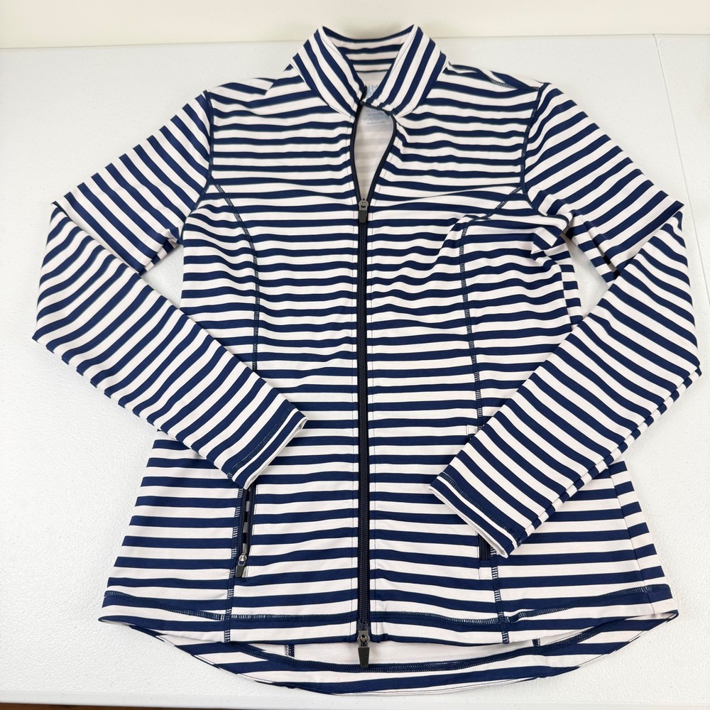 J.McLaughlin Womens Navy White Striped Full Zip Performance Jacket‎ Size M